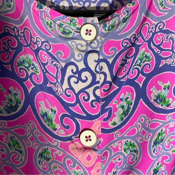 Lily Pulitzer Behind the Gates Iona Shell Top Silk Button Back Pink Purple Sz XS - Picture 9 of 16